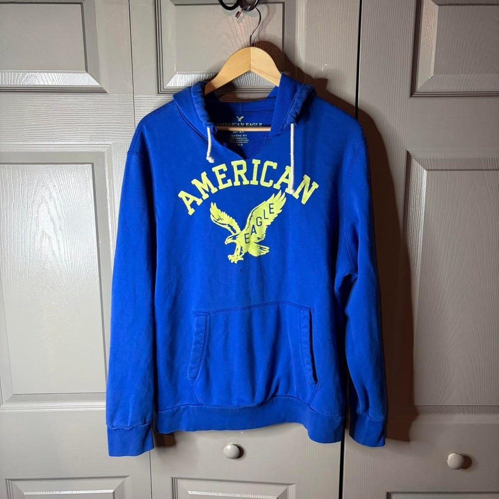 American Eagle Mens Blue Y2K Graphic Pullover Hoodie Classic Fit Large